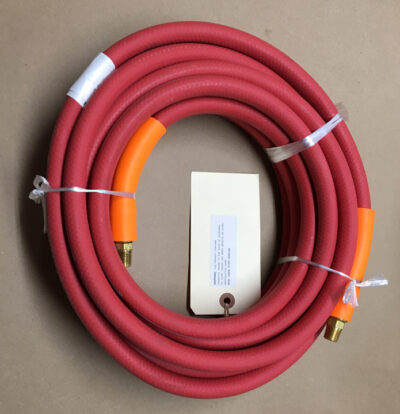 Red rubber air line hose with brass threaded male fittings.