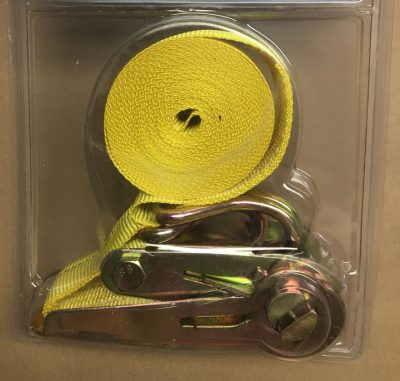 2 inch by 20 foot Ratchet Strap come-along with J-hooks and yellow strapping.